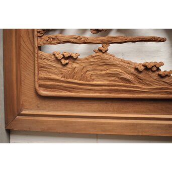 諏訪立川流宮彫か 清水虎銘 鶴亀吉祥堅木長尺木彫欄間 2枚1組　R0105Y 