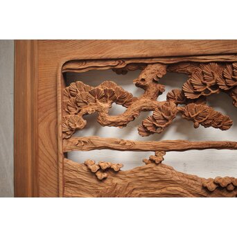 諏訪立川流宮彫か 清水虎銘 鶴亀吉祥堅木長尺木彫欄間 2枚1組　R0105Y 