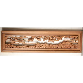 諏訪立川流宮彫か 清水虎銘 鶴亀吉祥堅木長尺木彫欄間 2枚1組　R0105Y 