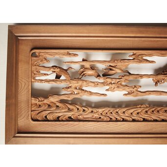 諏訪立川流宮彫か 清水虎銘 鶴亀吉祥堅木長尺木彫欄間 2枚1組　R0105Y 