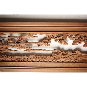 諏訪立川流宮彫か 清水虎銘 鶴亀吉祥堅木長尺木彫欄間 2枚1組　R0105Y 