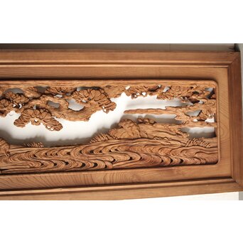 諏訪立川流宮彫か 清水虎銘 鶴亀吉祥堅木長尺木彫欄間 2枚1組　R0105Y 