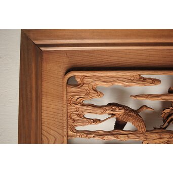 諏訪立川流宮彫か 清水虎銘 鶴亀吉祥堅木長尺木彫欄間 2枚1組　R0105Y 