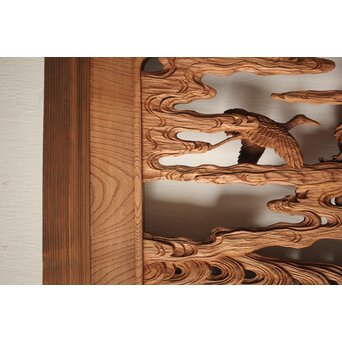 諏訪立川流宮彫か 清水虎銘 鶴亀吉祥堅木長尺木彫欄間 2枚1組　R0105Y 