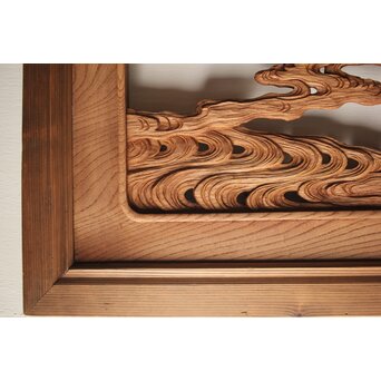 諏訪立川流宮彫か 清水虎銘 鶴亀吉祥堅木長尺木彫欄間 2枚1組　R0105Y 