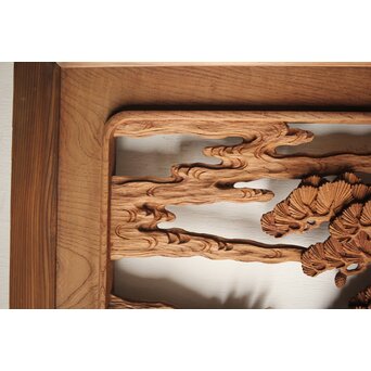 諏訪立川流宮彫か 清水虎銘 鶴亀吉祥堅木長尺木彫欄間 2枚1組　R0105Y 