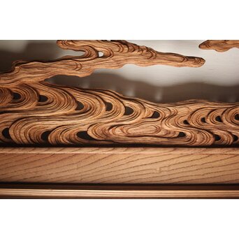 諏訪立川流宮彫か 清水虎銘 鶴亀吉祥堅木長尺木彫欄間 2枚1組　R0105Y 