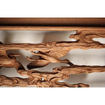 諏訪立川流宮彫か 清水虎銘 鶴亀吉祥堅木長尺木彫欄間 2枚1組　R0105Y 