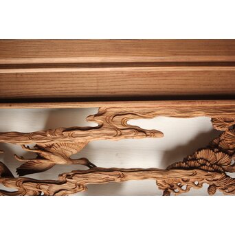 諏訪立川流宮彫か 清水虎銘 鶴亀吉祥堅木長尺木彫欄間 2枚1組　R0105Y 