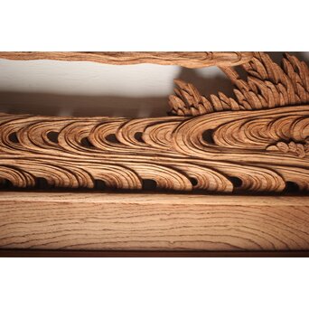 諏訪立川流宮彫か 清水虎銘 鶴亀吉祥堅木長尺木彫欄間 2枚1組　R0105Y 