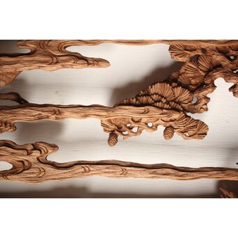 諏訪立川流宮彫か 清水虎銘 鶴亀吉祥堅木長尺木彫欄間 2枚1組　R0105Y 