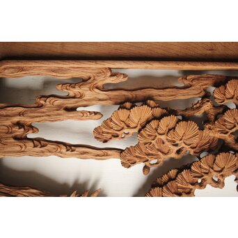 諏訪立川流宮彫か 清水虎銘 鶴亀吉祥堅木長尺木彫欄間 2枚1組　R0105Y 