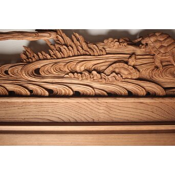 諏訪立川流宮彫か 清水虎銘 鶴亀吉祥堅木長尺木彫欄間 2枚1組　R0105Y 