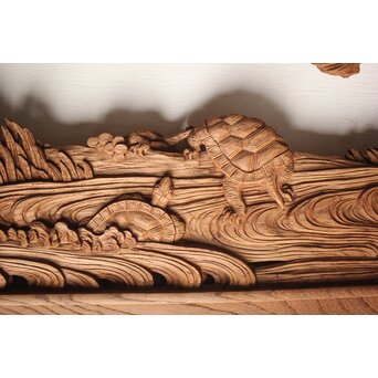 諏訪立川流宮彫か 清水虎銘 鶴亀吉祥堅木長尺木彫欄間 2枚1組　R0105Y 