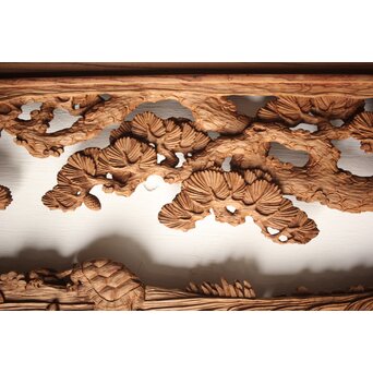 諏訪立川流宮彫か 清水虎銘 鶴亀吉祥堅木長尺木彫欄間 2枚1組　R0105Y 