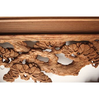 諏訪立川流宮彫か 清水虎銘 鶴亀吉祥堅木長尺木彫欄間 2枚1組　R0105Y 