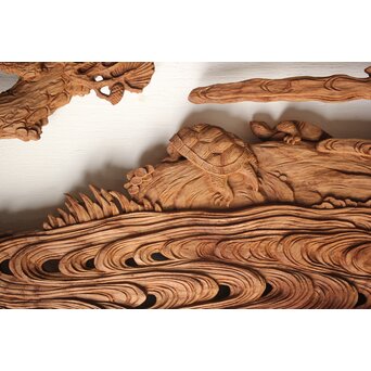 諏訪立川流宮彫か 清水虎銘 鶴亀吉祥堅木長尺木彫欄間 2枚1組　R0105Y 