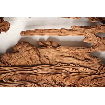 諏訪立川流宮彫か 清水虎銘 鶴亀吉祥堅木長尺木彫欄間 2枚1組　R0105Y 