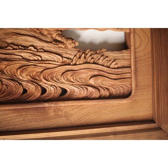 諏訪立川流宮彫か 清水虎銘 鶴亀吉祥堅木長尺木彫欄間 2枚1組　R0105Y 