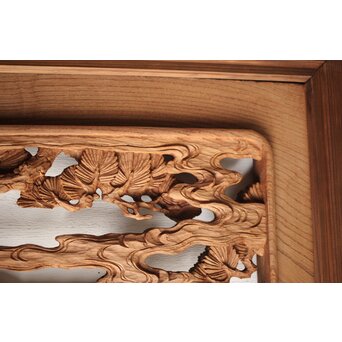 諏訪立川流宮彫か 清水虎銘 鶴亀吉祥堅木長尺木彫欄間 2枚1組　R0105Y 