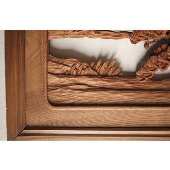 諏訪立川流宮彫か 清水虎銘 鶴亀吉祥堅木長尺木彫欄間 2枚1組　R0105Y 