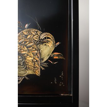 村上堆朱 稲垣豊秋 彫漆鶉三彩器局　Q278 