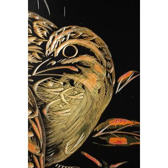 村上堆朱 稲垣豊秋 彫漆鶉三彩器局　Q278 