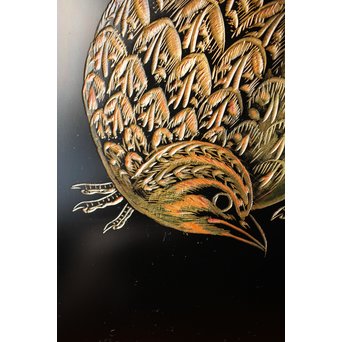 村上堆朱 稲垣豊秋 彫漆鶉三彩器局　Q278 