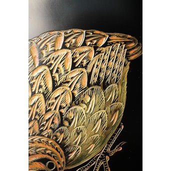 村上堆朱 稲垣豊秋 彫漆鶉三彩器局　Q278 