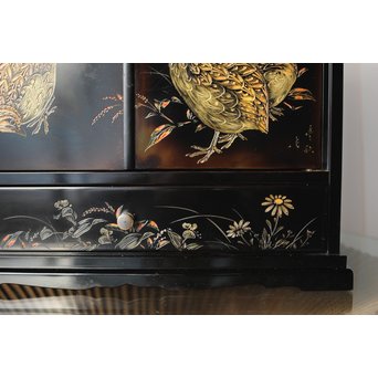 村上堆朱 稲垣豊秋 彫漆鶉三彩器局　Q278 