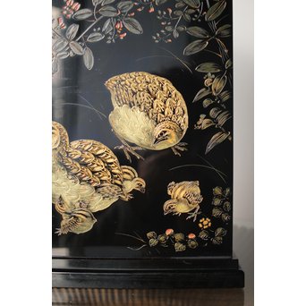 村上堆朱 稲垣豊秋 彫漆鶉三彩器局　Q278 