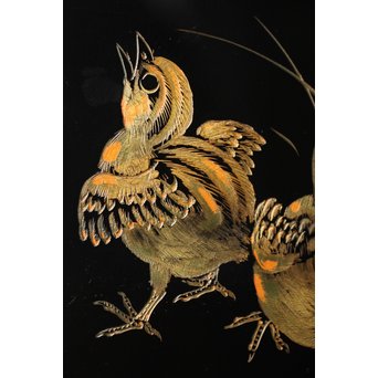 村上堆朱 稲垣豊秋 彫漆鶉三彩器局　Q278 