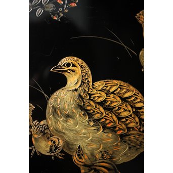 村上堆朱 稲垣豊秋 彫漆鶉三彩器局　Q278 