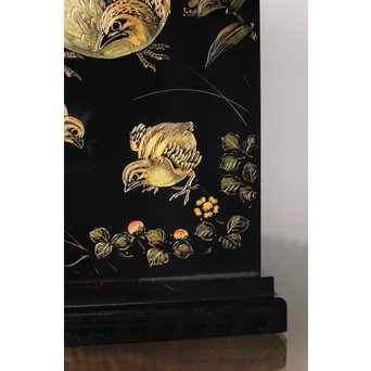 村上堆朱 稲垣豊秋 彫漆鶉三彩器局　Q278 