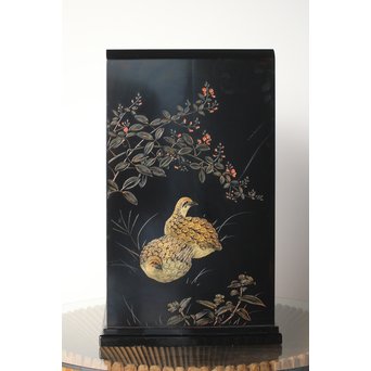 村上堆朱 稲垣豊秋 彫漆鶉三彩器局　Q278 