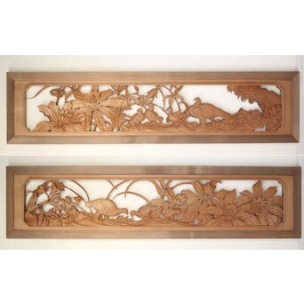 吉田楳堂 花鳥長尺木彫欄間 2枚1組　R0106Y