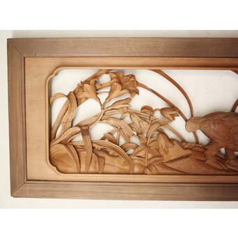 吉田楳堂 花鳥長尺木彫欄間 2枚1組　R0106Y 