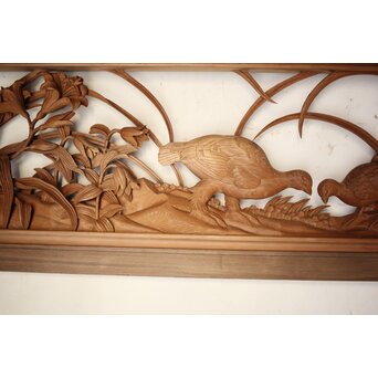 吉田楳堂 花鳥長尺木彫欄間 2枚1組　R0106Y 