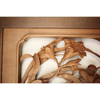 吉田楳堂 花鳥長尺木彫欄間 2枚1組　R0106Y 