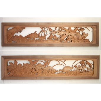 吉田楳堂 花鳥長尺木彫欄間 2枚1組　R0106Y 