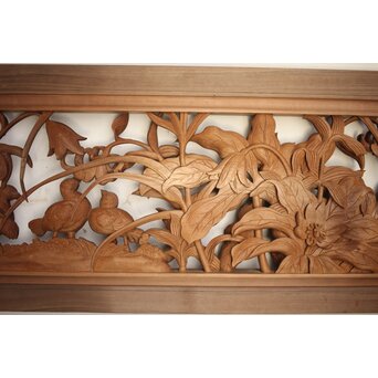 吉田楳堂 花鳥長尺木彫欄間 2枚1組　R0106Y 