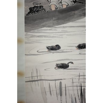 吴观岱/呉観岱 泛舟捕鱼图 紙本彩色掛軸　Z254 