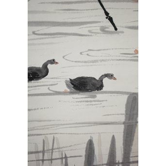 吴观岱/呉観岱 泛舟捕鱼图 紙本彩色掛軸　Z254 