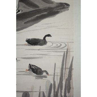 吴观岱/呉観岱 泛舟捕鱼图 紙本彩色掛軸　Z254 