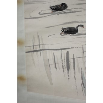 吴观岱/呉観岱 泛舟捕鱼图 紙本彩色掛軸　Z254 