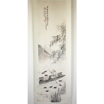 吴观岱/呉観岱 泛舟捕鱼图 紙本彩色掛軸　Z254