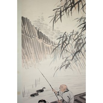 吴观岱/呉観岱 泛舟捕鱼图 紙本彩色掛軸　Z254 