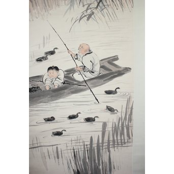 吴观岱/呉観岱 泛舟捕鱼图 紙本彩色掛軸　Z254 