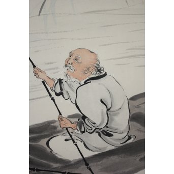 吴观岱/呉観岱 泛舟捕鱼图 紙本彩色掛軸　Z254 