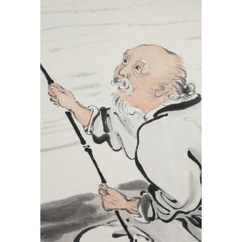 吴观岱/呉観岱 泛舟捕鱼图 紙本彩色掛軸　Z254 